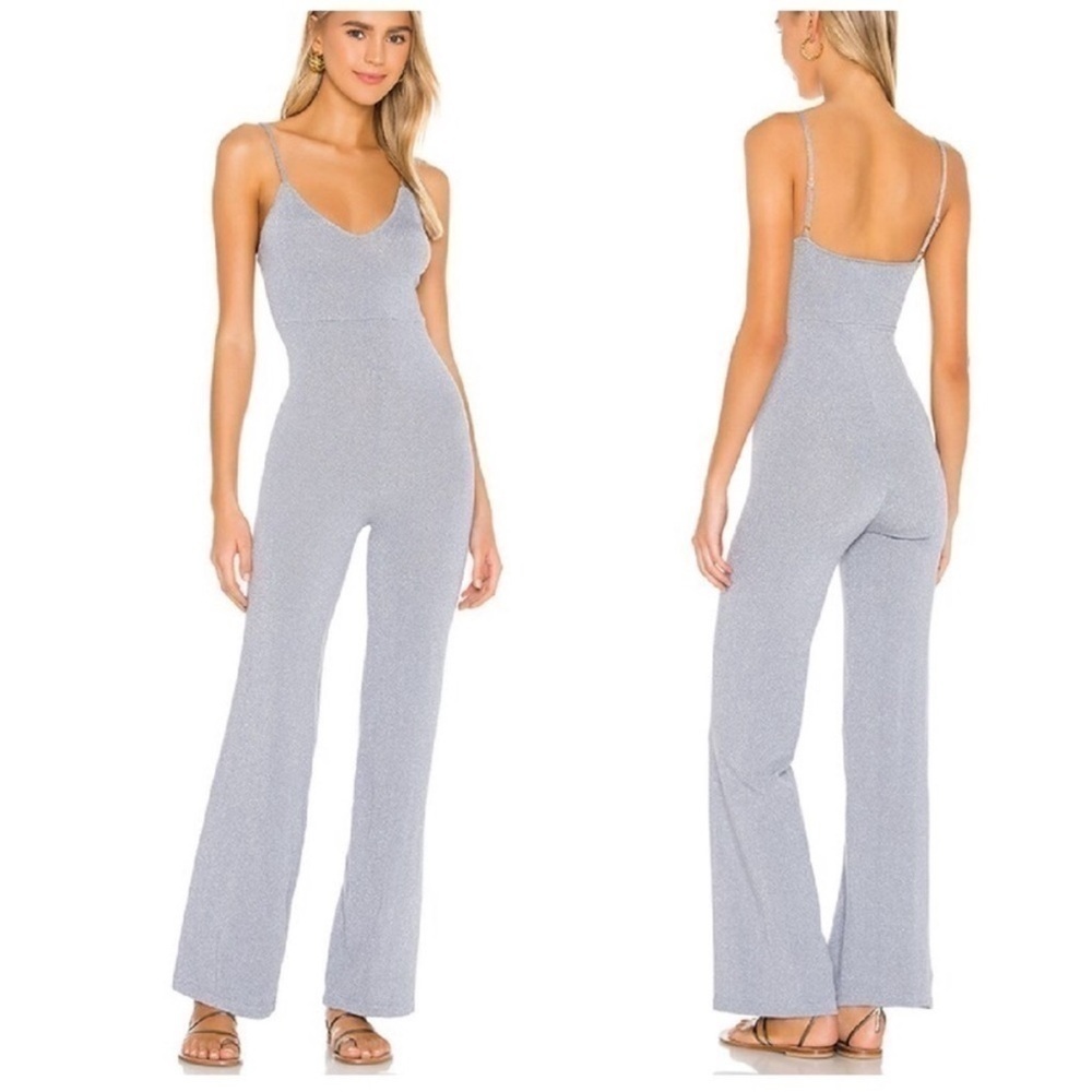 Superdown samantha wide leg jumpsuit Slate Metallic Gray Blue NWOT